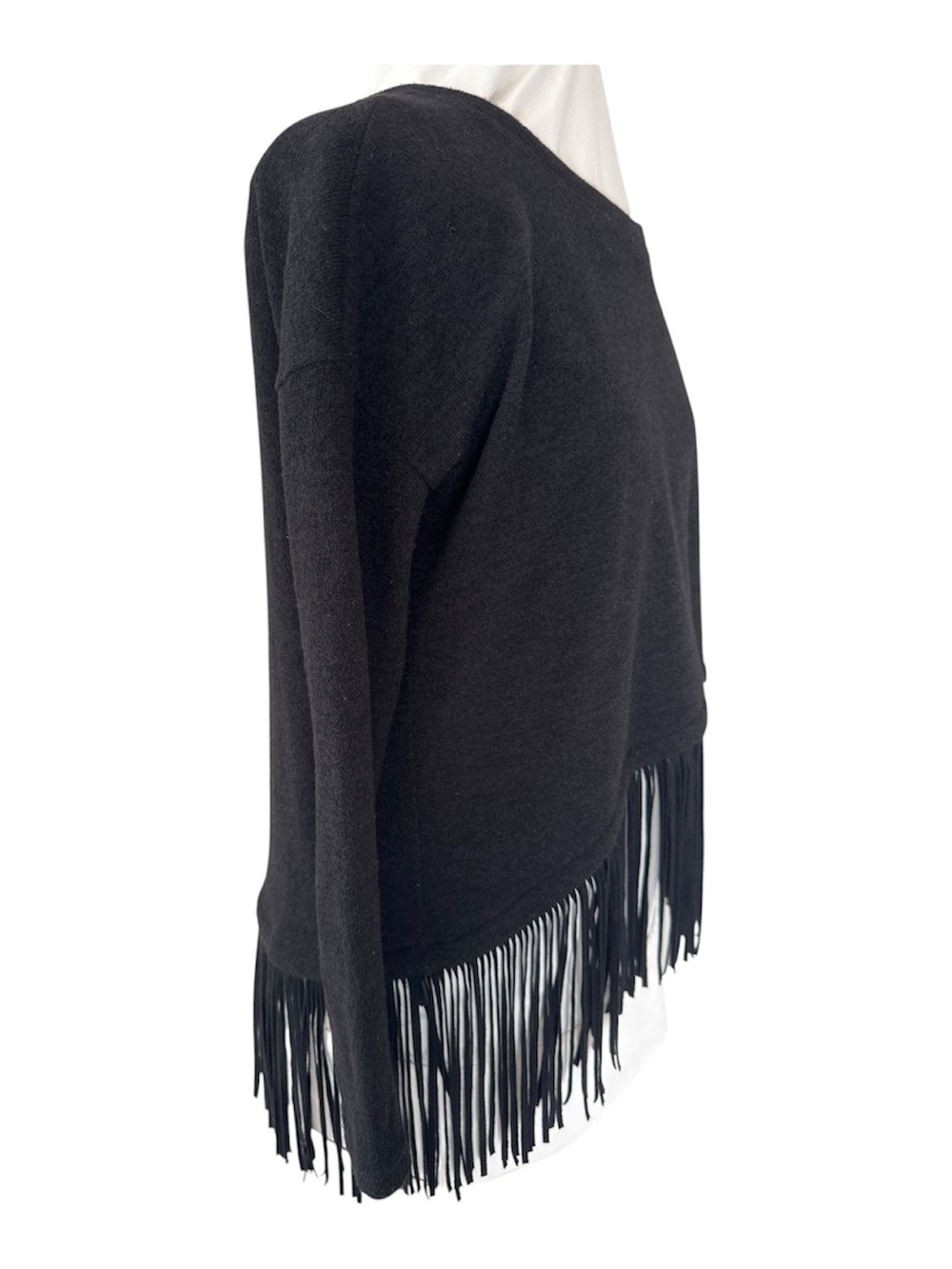Joseph Ribkoff Black Sweater high low Fringe Hem, designer, artsy, chic, witchy